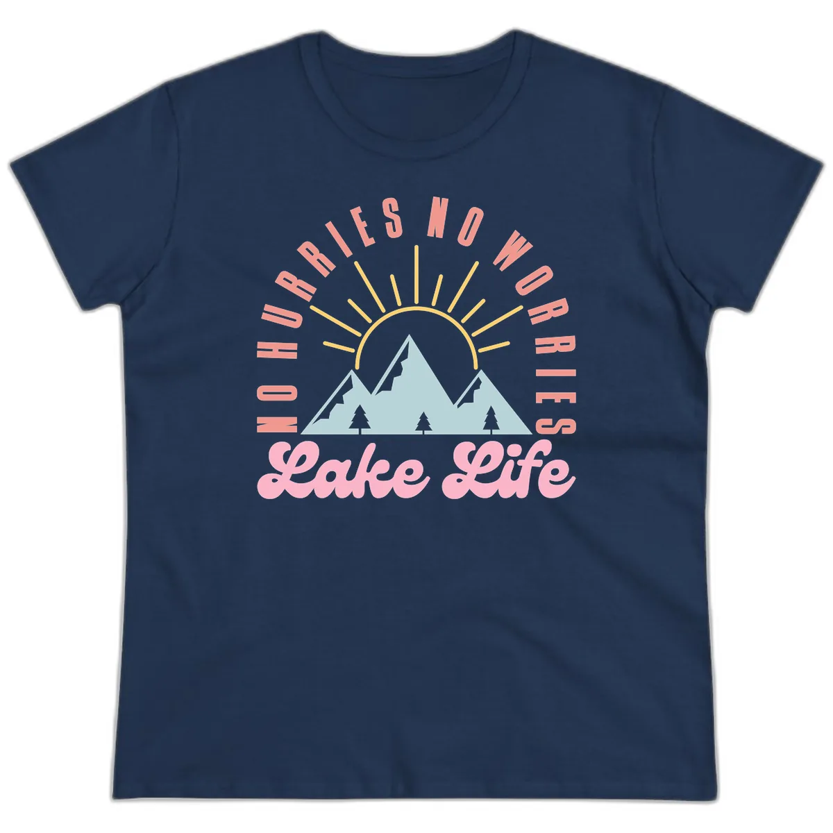 No Worries Lake Life Mountain Design Ladies Tee in Navy