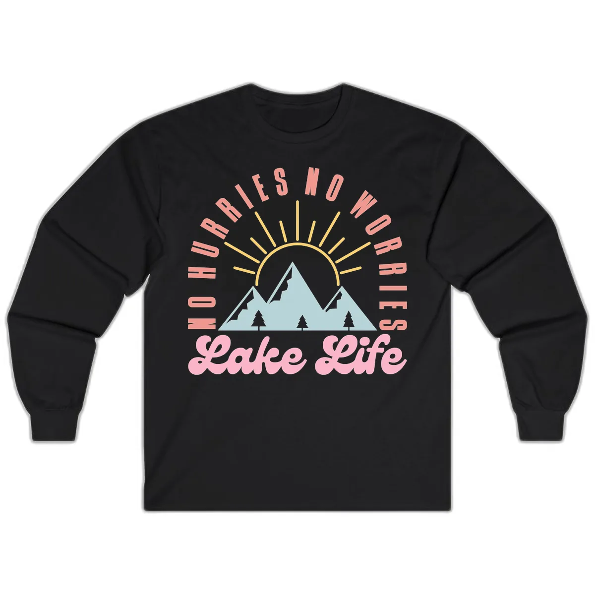 No Worries Lake Life Mountain Design Long Sleeve in Black