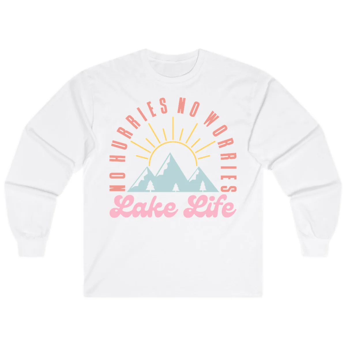 No Worries Lake Life Mountain Design Long Sleeve in White