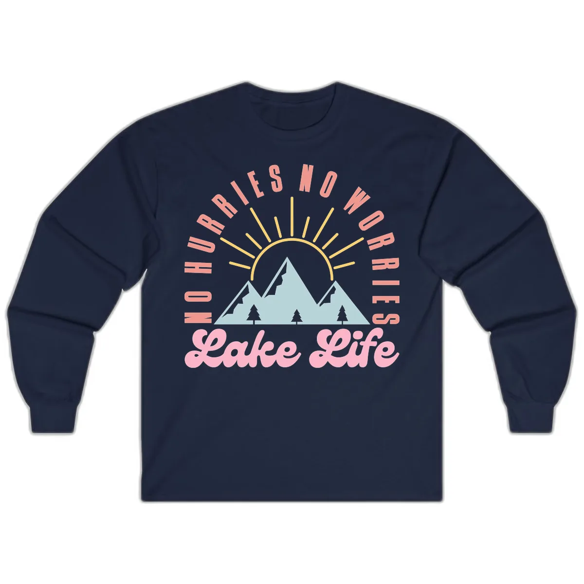 No Worries Lake Life Mountain Design Long Sleeve in Navy