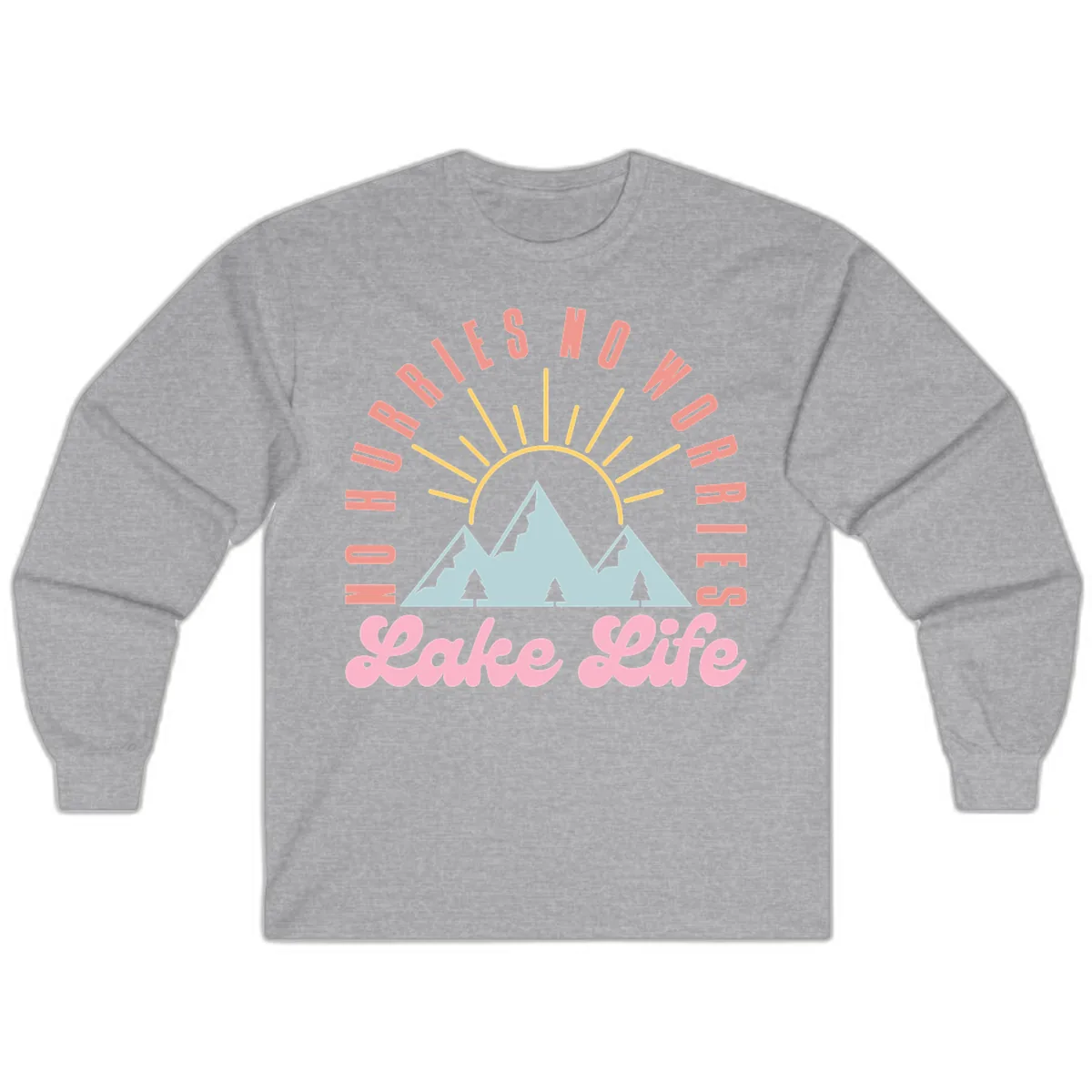 No Worries Lake Life Mountain Design Long Sleeve in Sport Grey