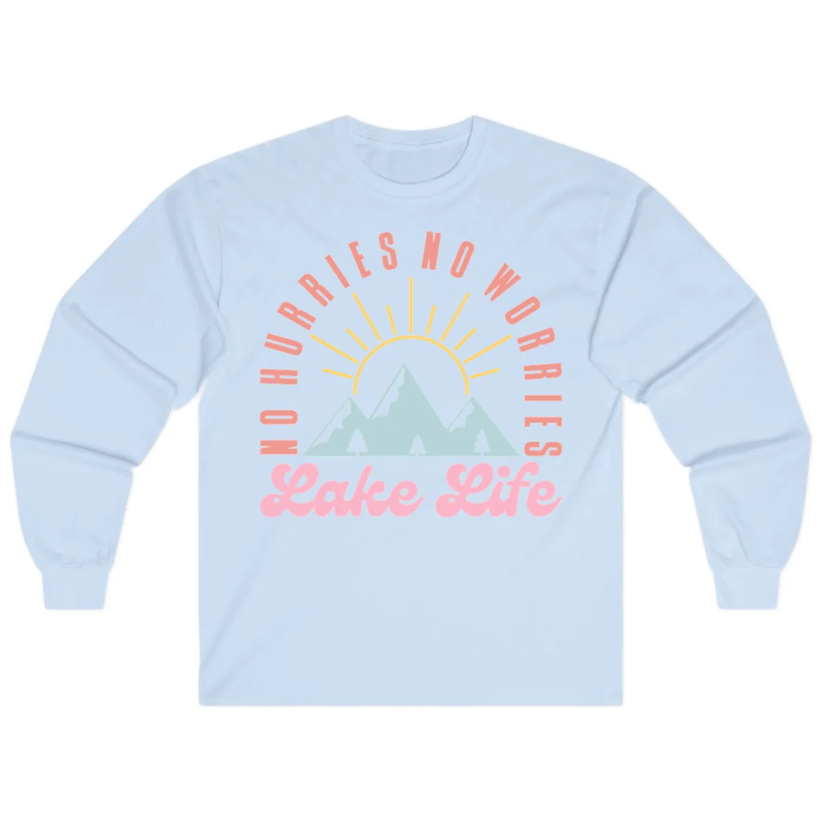 No Worries Lake Life Mountain Design Long Sleeve in Light Blue