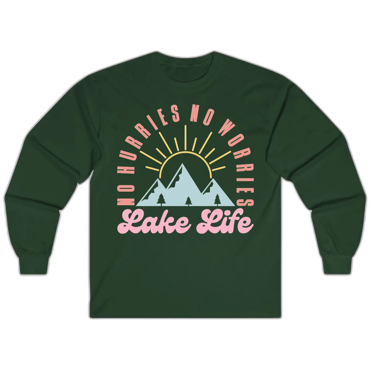 No Worries Lake Life Mountain Design Long Sleeve in Forest Green