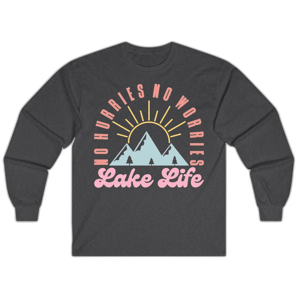 No Worries Lake Life Mountain Design Long Sleeve in Dark Heather