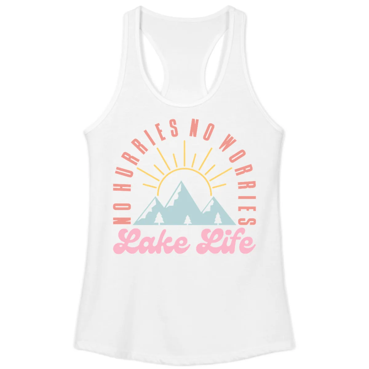 No Worries Lake Life Mountain Design Ladies Tank in White