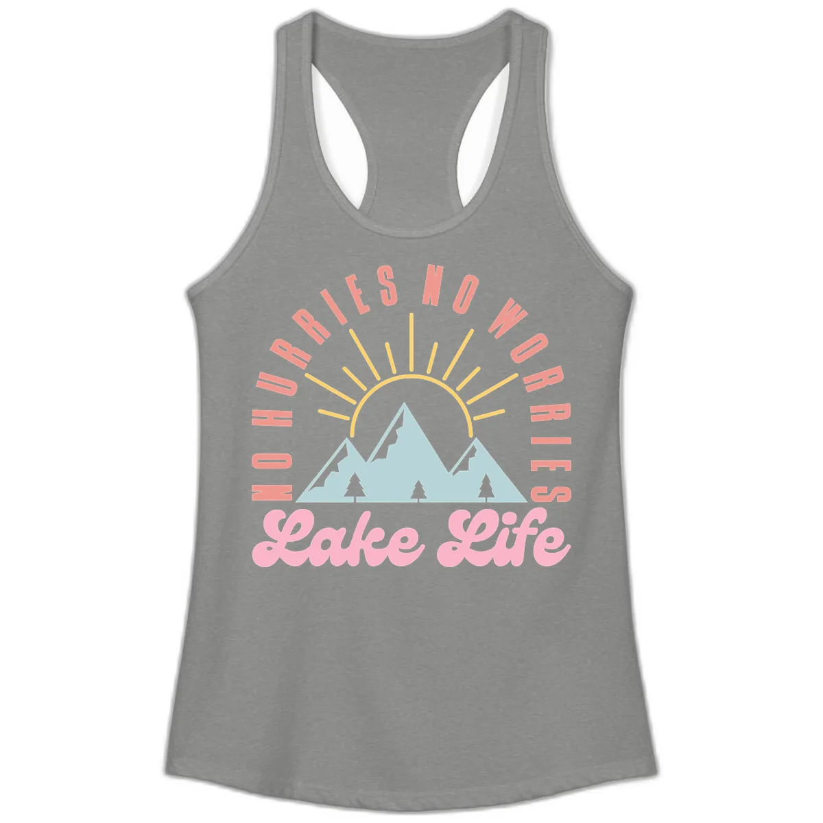 No Worries Lake Life Mountain Design Ladies Tank in Heather Grey