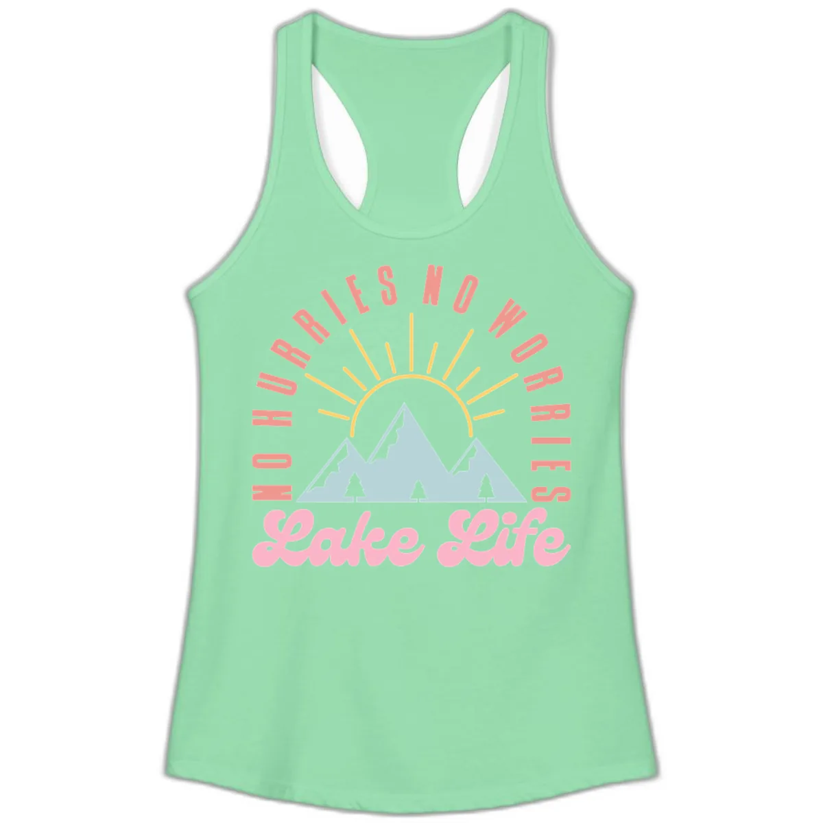 No Worries Lake Life Mountain Design Ladies Tank in Solid Mint