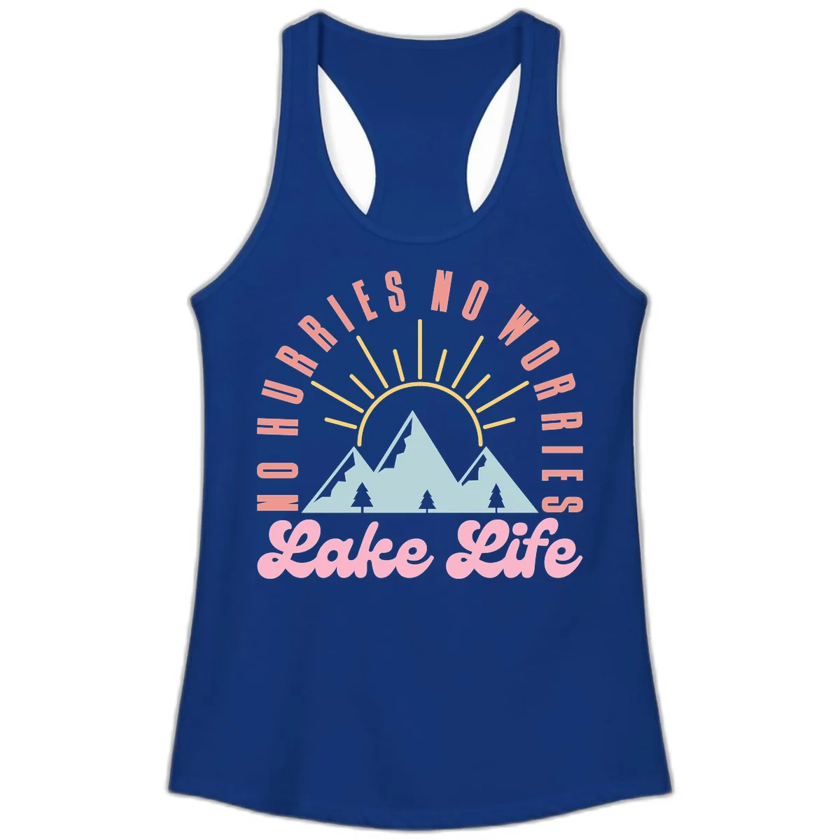 No Worries Lake Life Mountain Design Ladies Tank in Solid Royal