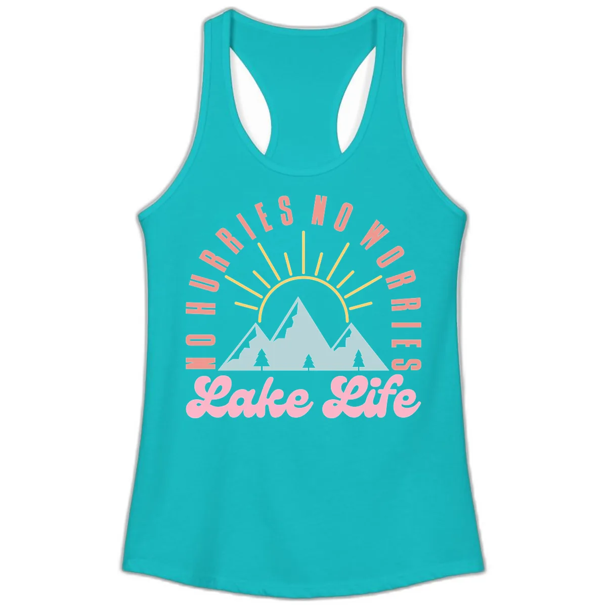 No Worries Lake Life Mountain Design Ladies Tank in Tahiti Blue