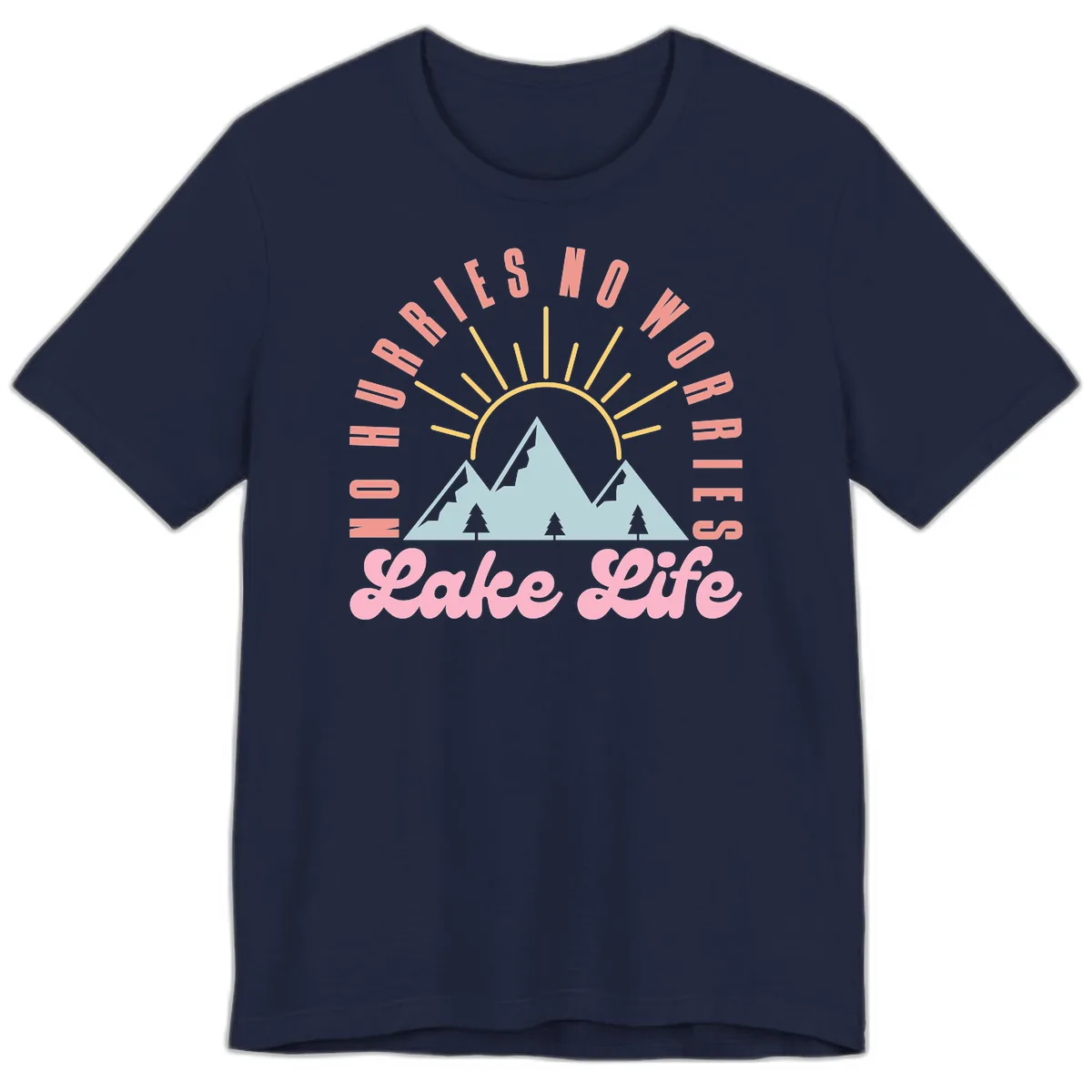 No Worries Lake Life Mountain Design Premium T-Shirt in Navy