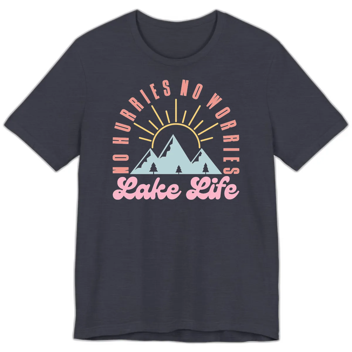 No Worries Lake Life Mountain Design Premium T-Shirt in Heather Midnight Navy