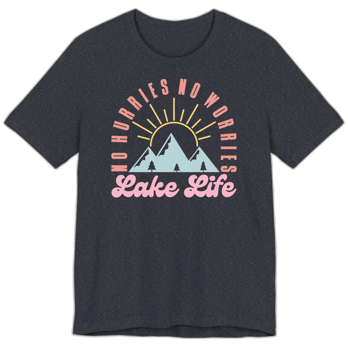 No Worries Lake Life Mountain Design Premium T-Shirt in Heather Navy