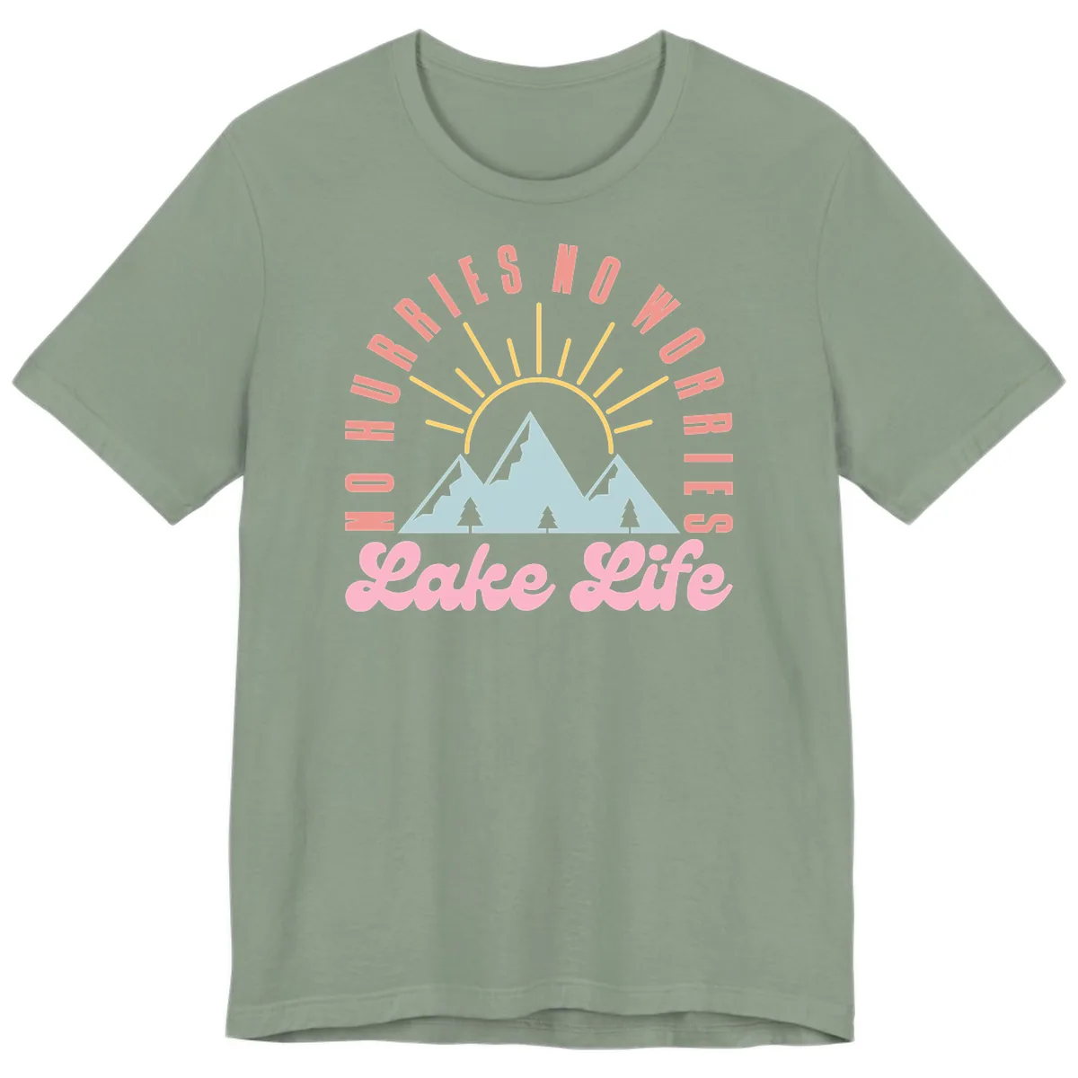 No Worries Lake Life Mountain Design Premium T-Shirt in Sage