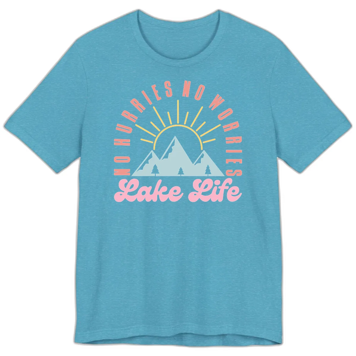 No Worries Lake Life Mountain Design Premium T-Shirt in Heather Aqua