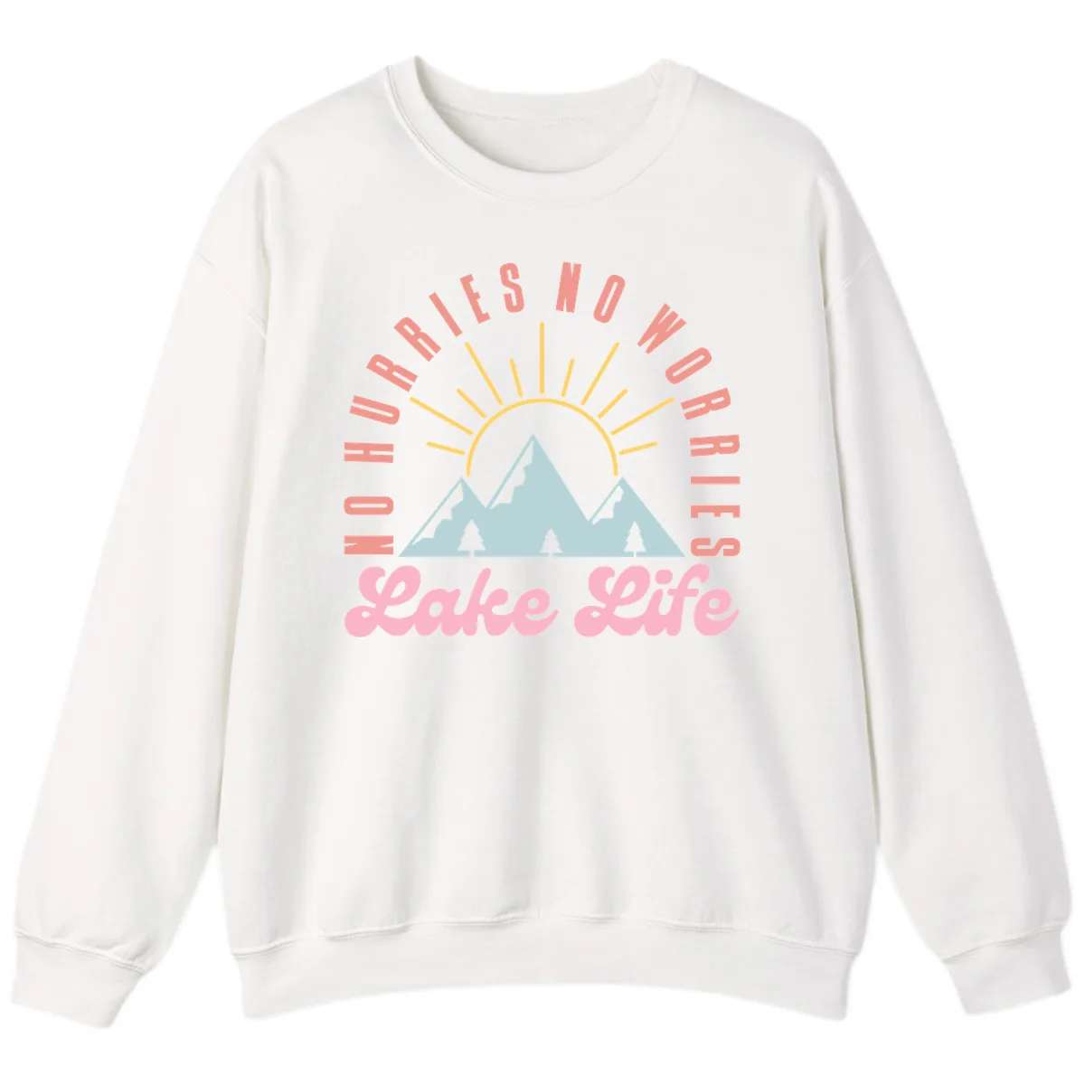 No Worries Lake Life Mountain Design Sweatshirt in White