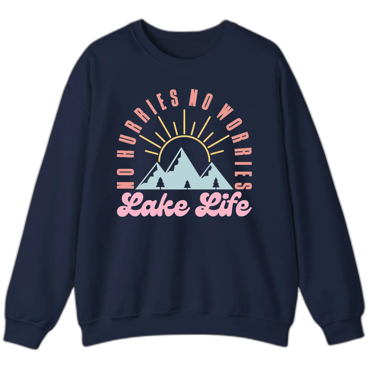 No Worries Lake Life Mountain Design Sweatshirt in Navy