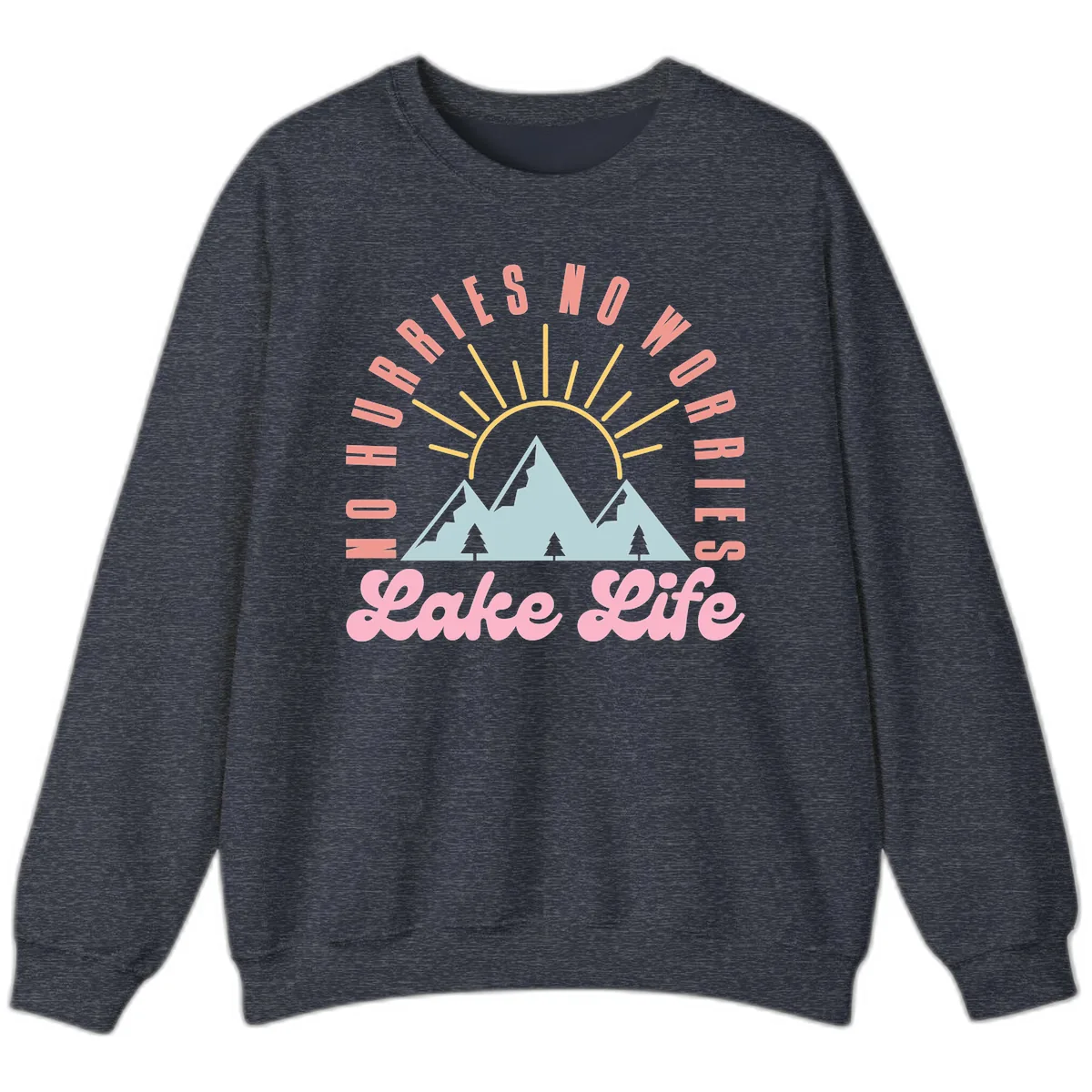 No Worries Lake Life Mountain Design Sweatshirt in Heather Sport Dark Navy