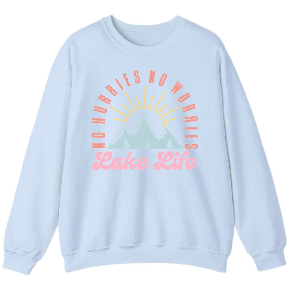 No Worries Lake Life Mountain Design Sweatshirt in Light Blue