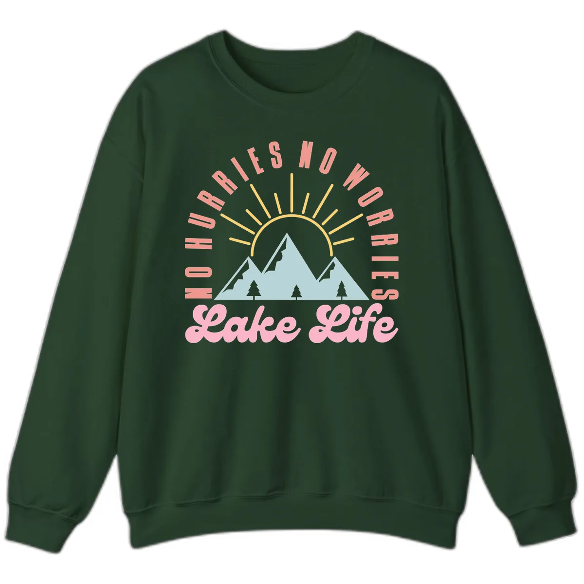 No Worries Lake Life Mountain Design Sweatshirt in Forest Green