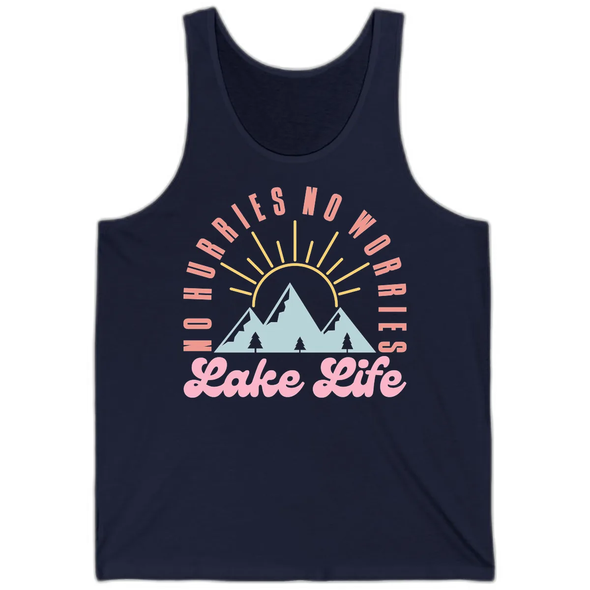 No Worries Lake Life Mountain Design Tank in Navy