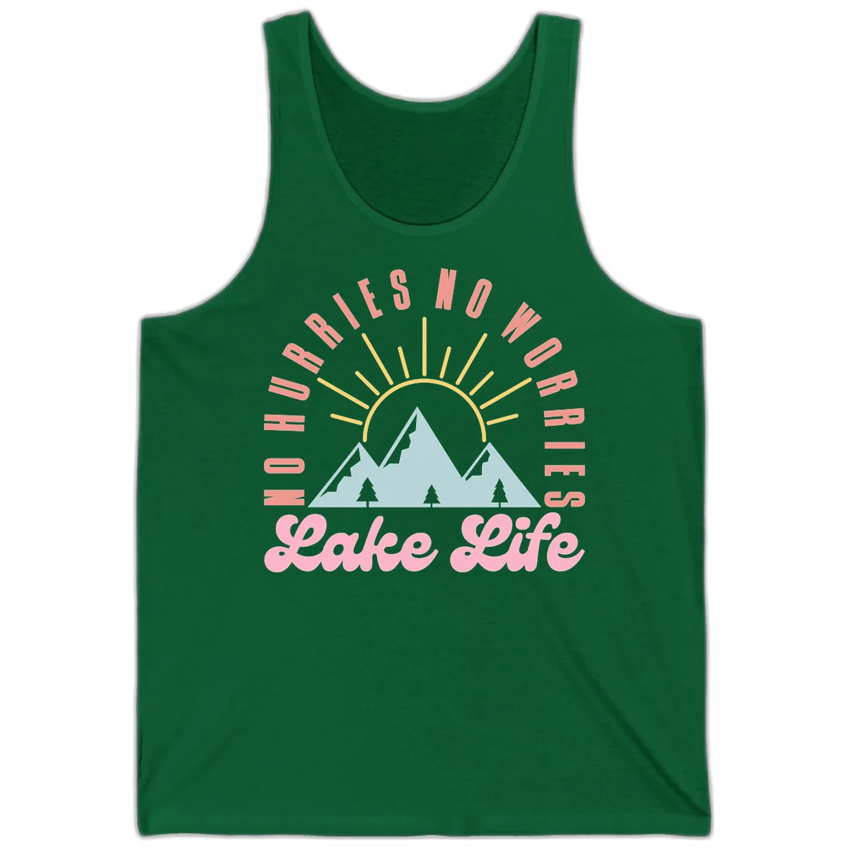 No Worries Lake Life Mountain Design Tank in Kelly