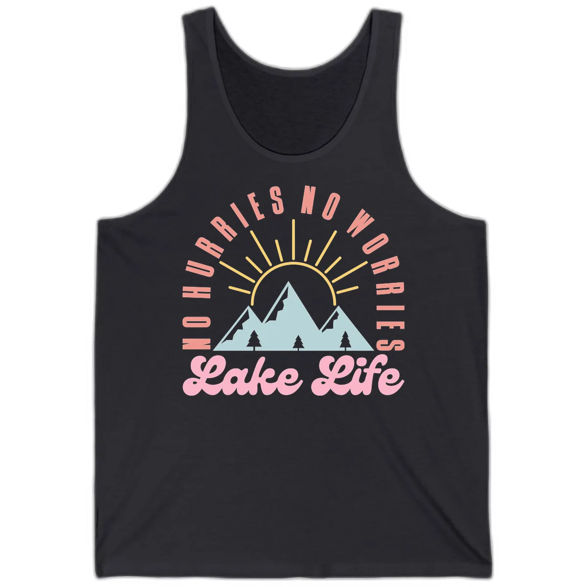 No Worries Lake Life Mountain Design Tank in Dark Grey