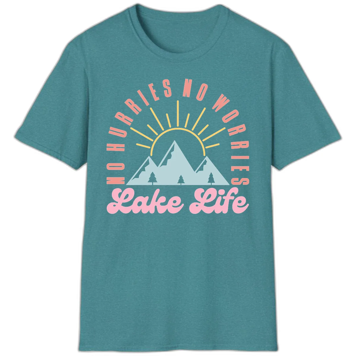 No Worries Lake Life Mountain Design T-Shirt in Heather Galapagos Blue