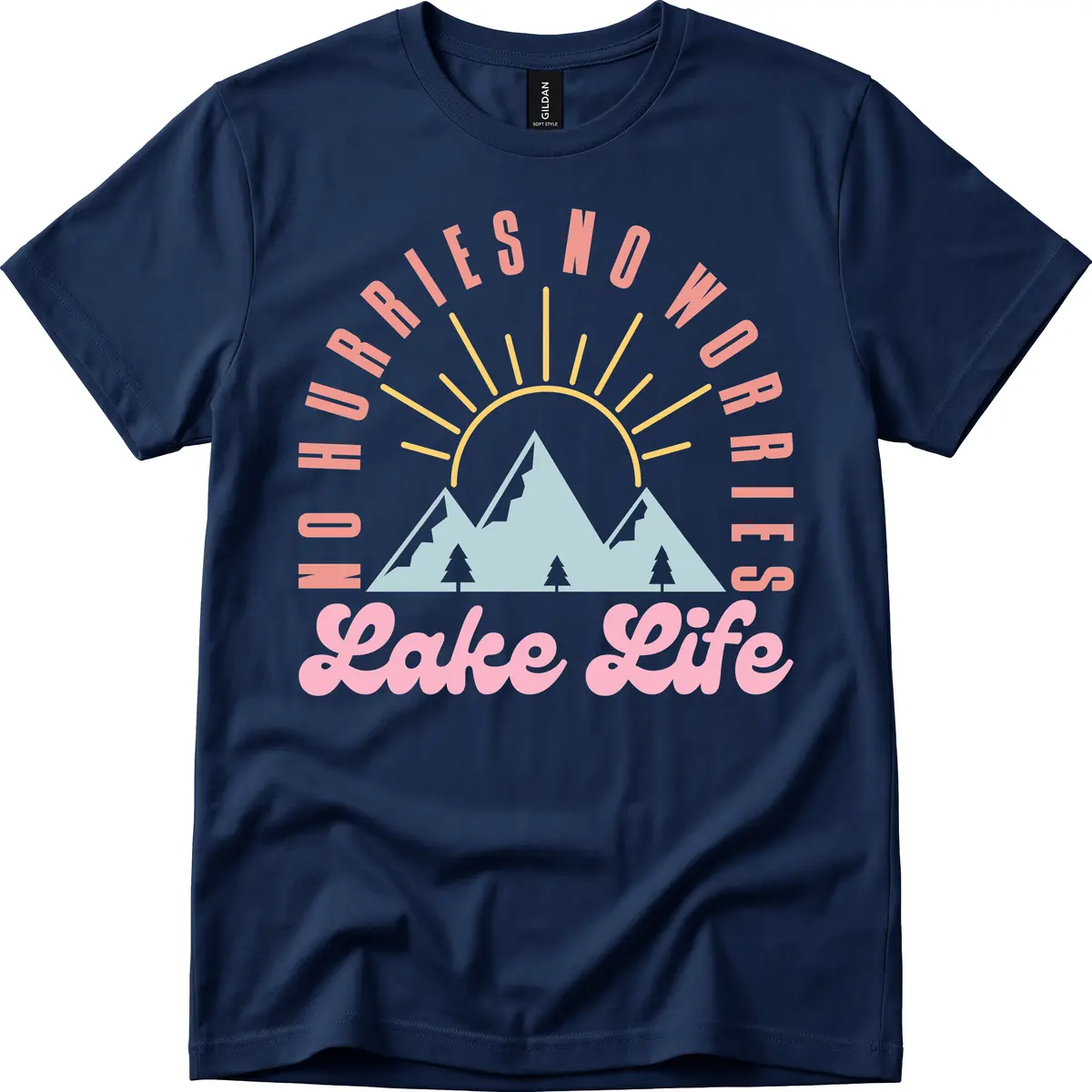 No Worries Lake Life Mountain Design T-Shirt in Navy
