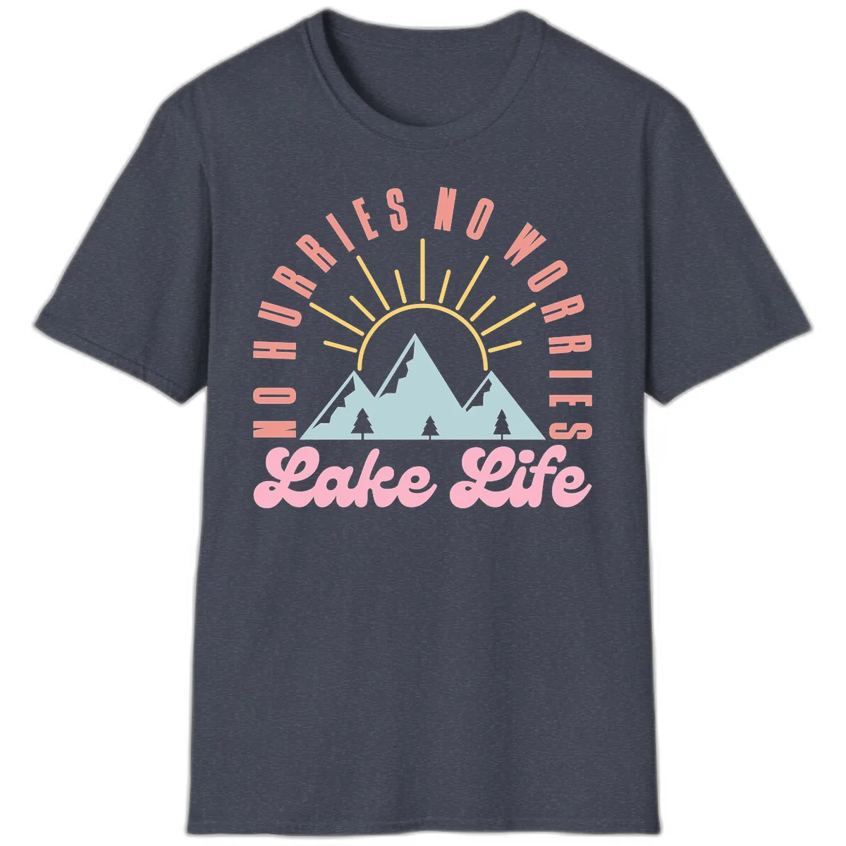 No Worries Lake Life Mountain Design T-Shirt in Heather Navy