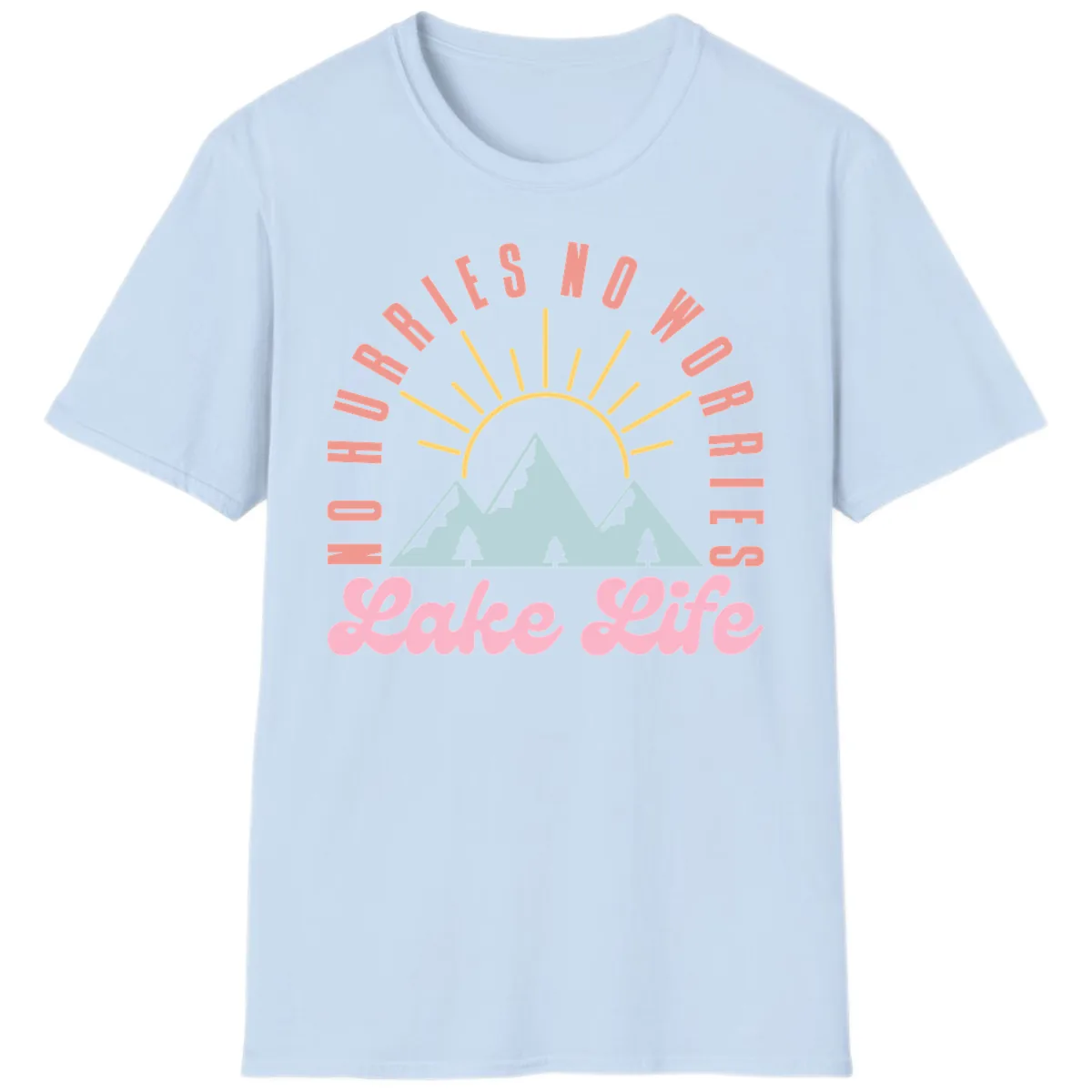 No Worries Lake Life Mountain Design T-Shirt in Light Blue