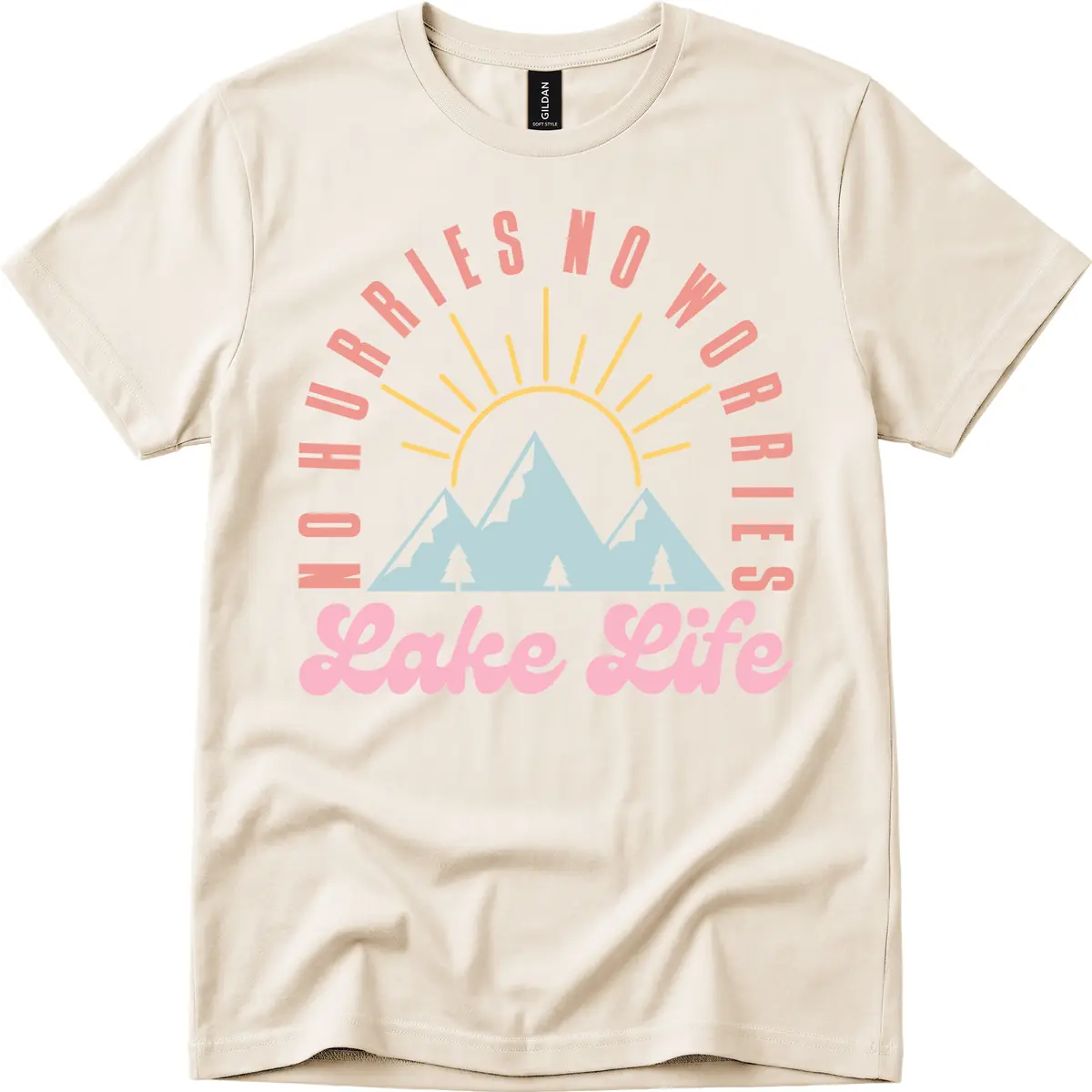 No Worries Lake Life Mountain Design T-Shirt in Natural