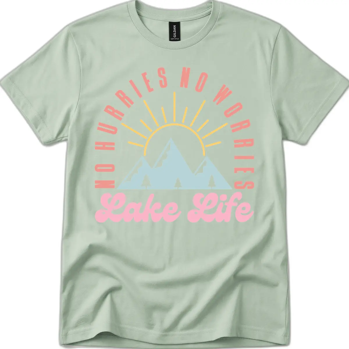 No Worries Lake Life Mountain Design T-Shirt in Sage