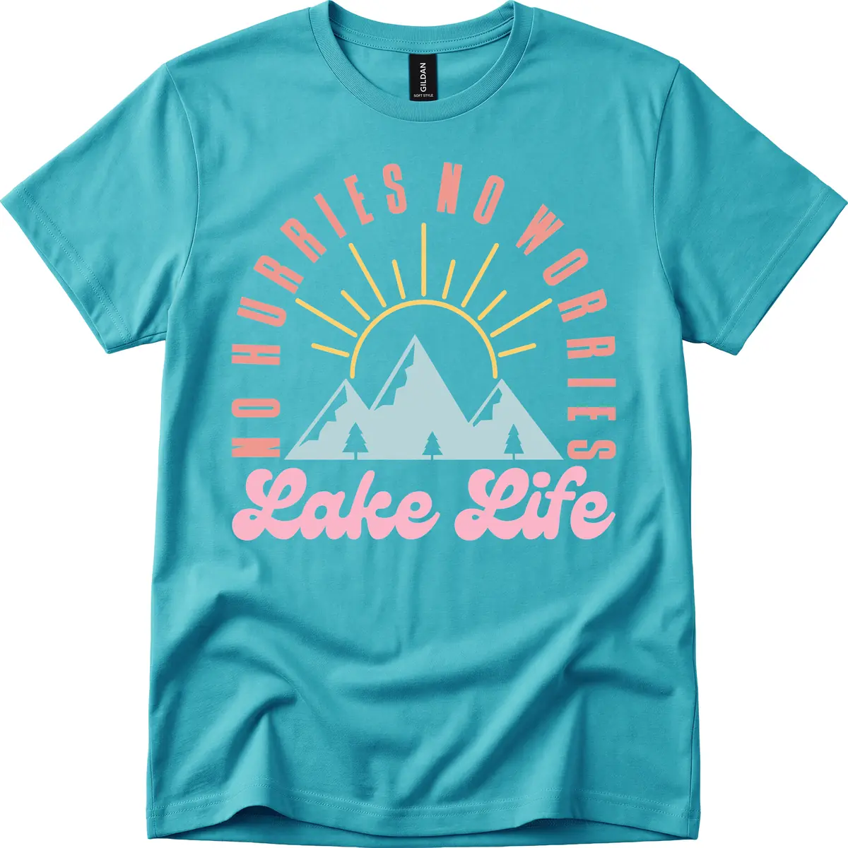 No Worries Lake Life Mountain Design T-Shirt in Tropical Blue