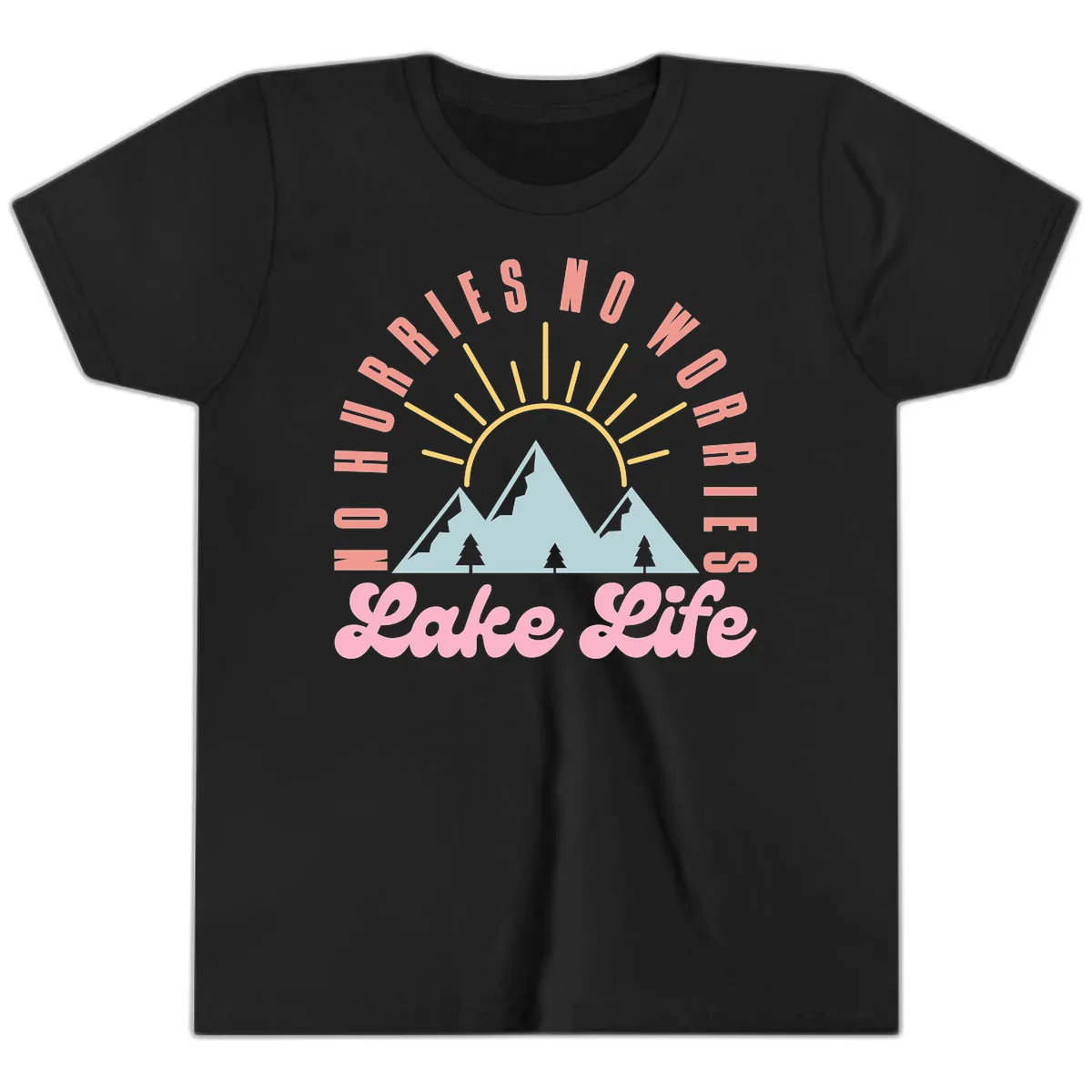 No Worries Lake Life Mountain Design Youth T-Shirt in Black