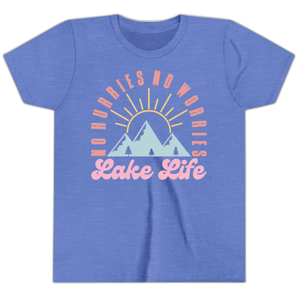 No Worries Lake Life Mountain Design Youth T-Shirt in Heather Columbia Blue