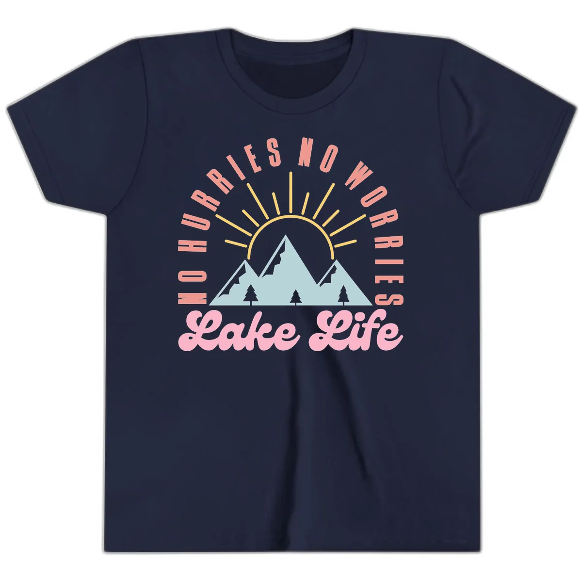 No Worries Lake Life Mountain Design Youth T-Shirt in Navy