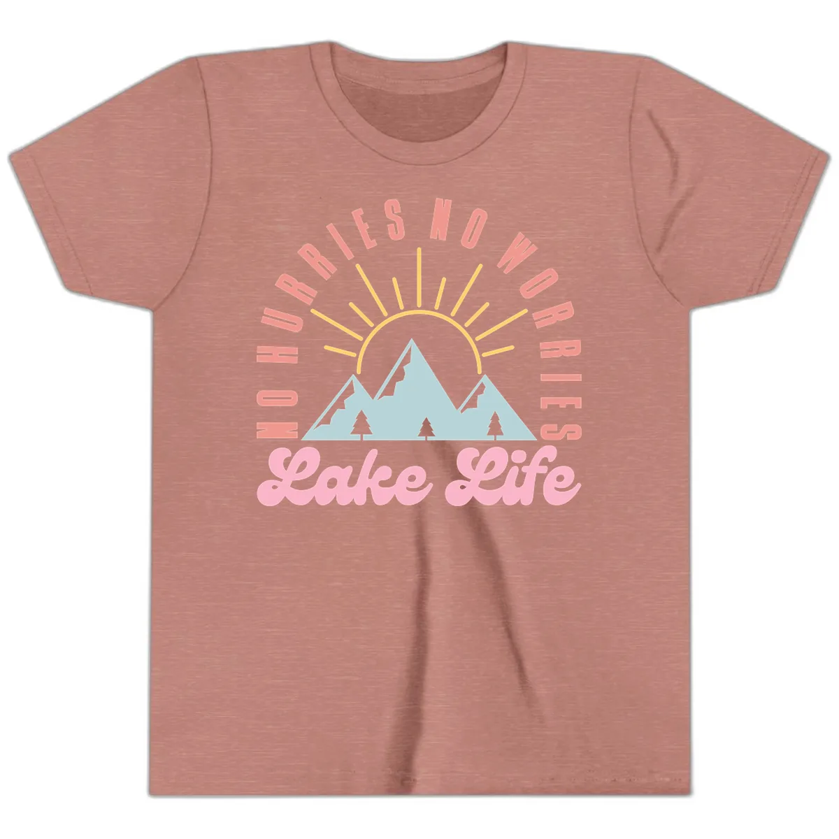 No Worries Lake Life Mountain Design Youth T-Shirt in Heather Mauve