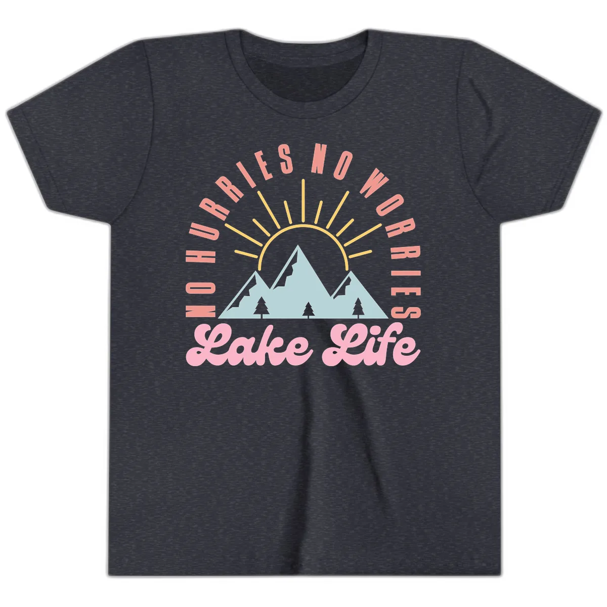 No Worries Lake Life Mountain Design Youth T-Shirt in Heather Navy