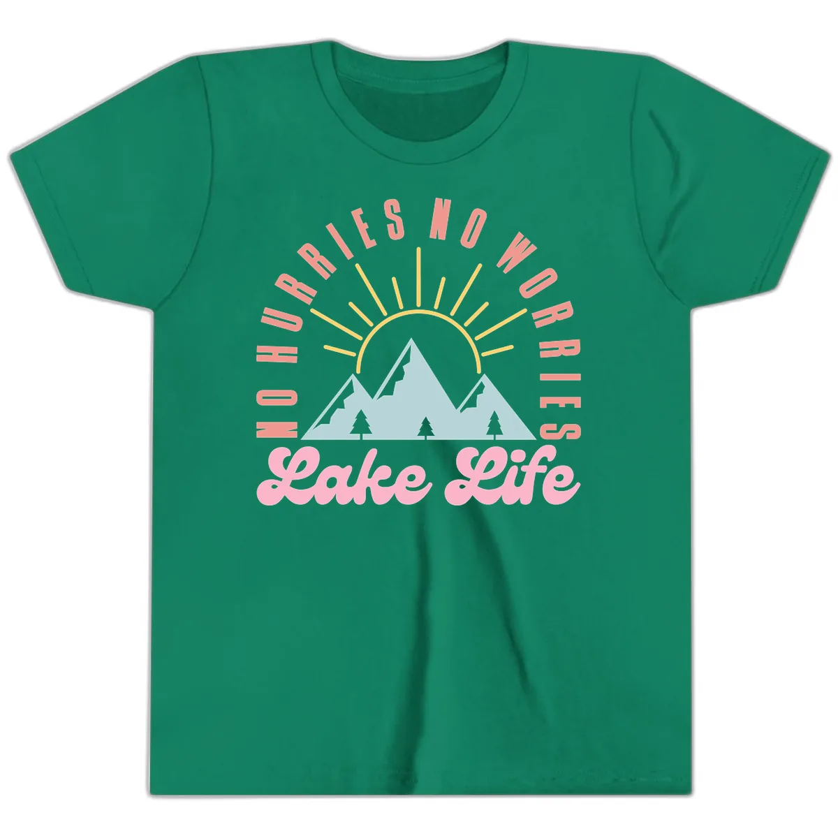 No Worries Lake Life Mountain Design Youth T-Shirt in Kelly