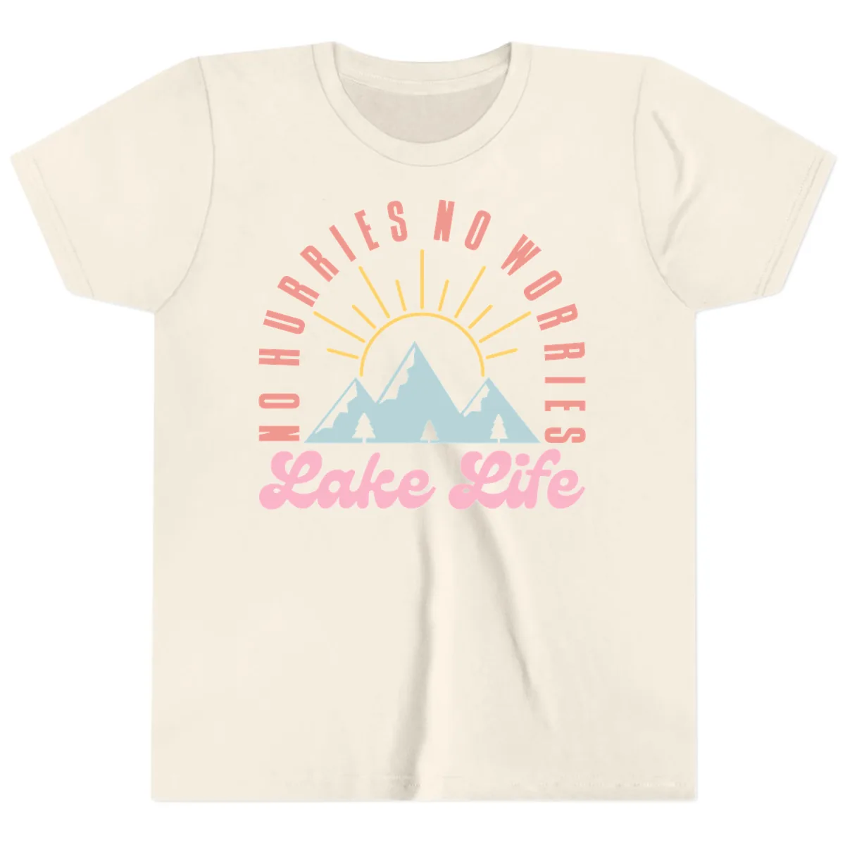 No Worries Lake Life Mountain Design Youth T-Shirt in Natural