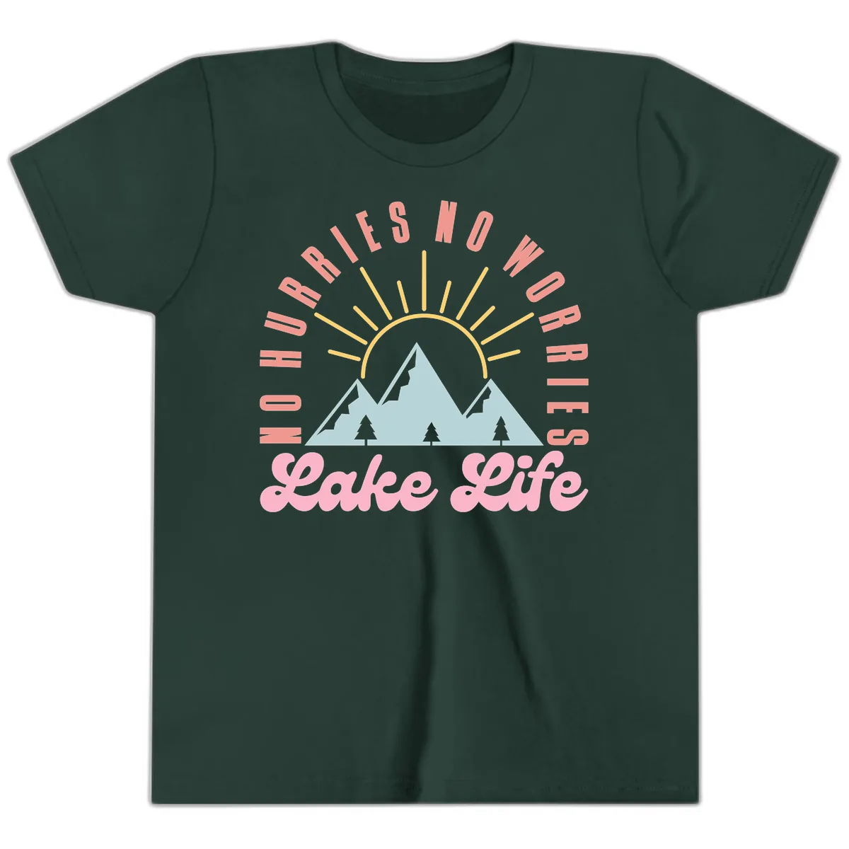 No Worries Lake Life Mountain Design Youth T-Shirt in Forest