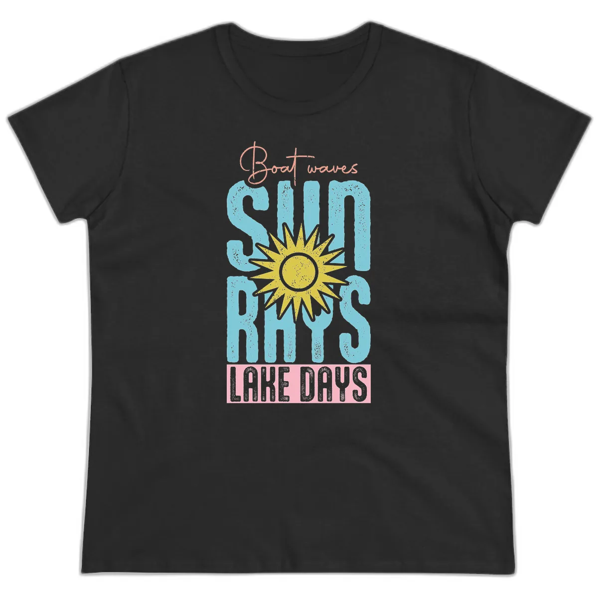 Boat Waves Sun Rays Lake Days Ladies Tee in Black