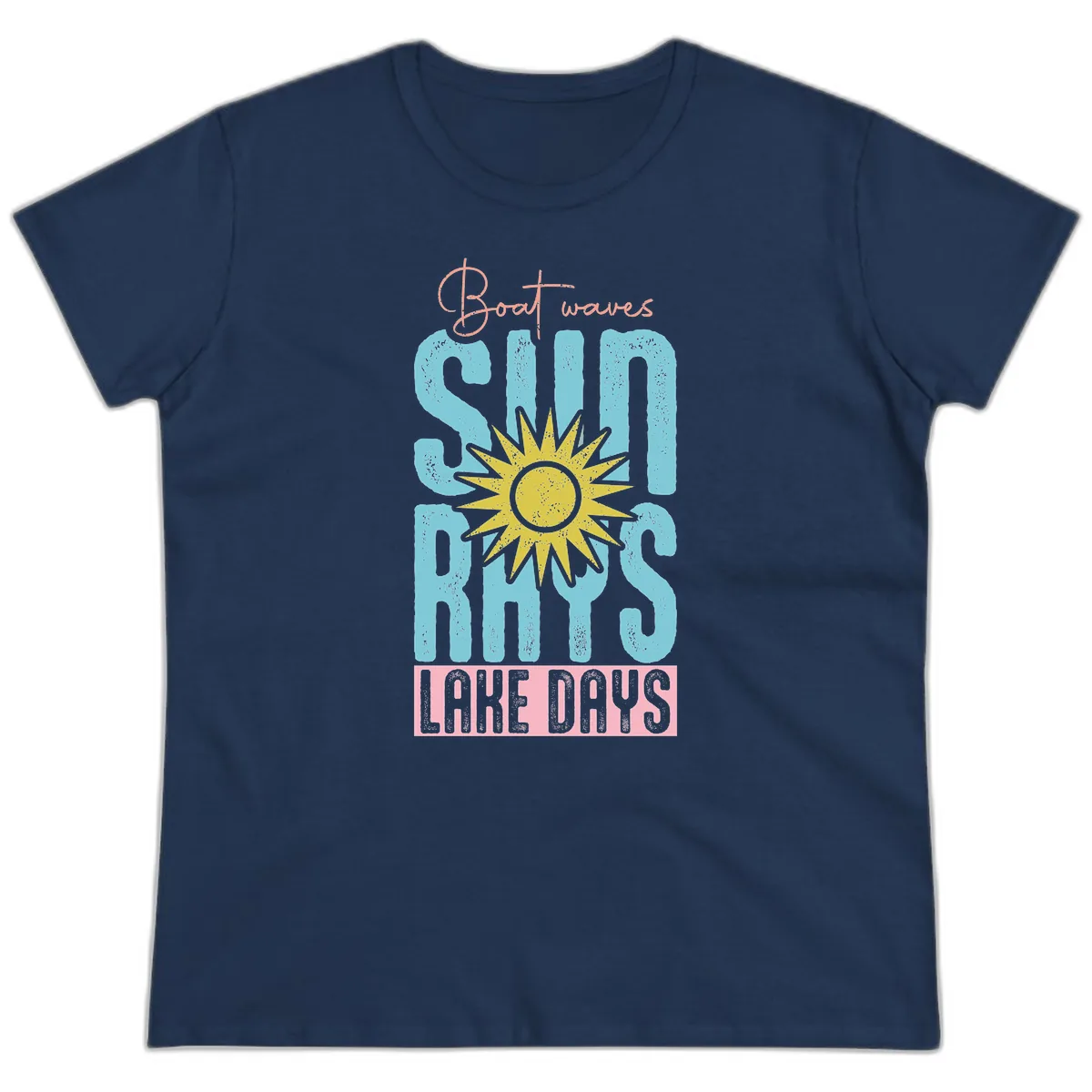 Boat Waves Sun Rays Lake Days Ladies Tee in Navy
