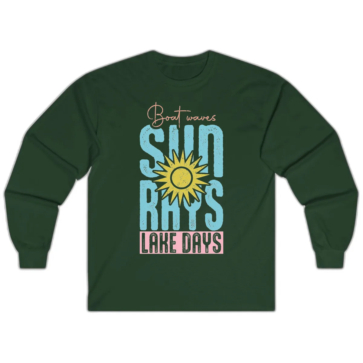 Boat Waves Sun Rays Lake Days Long Sleeve in Forest Green