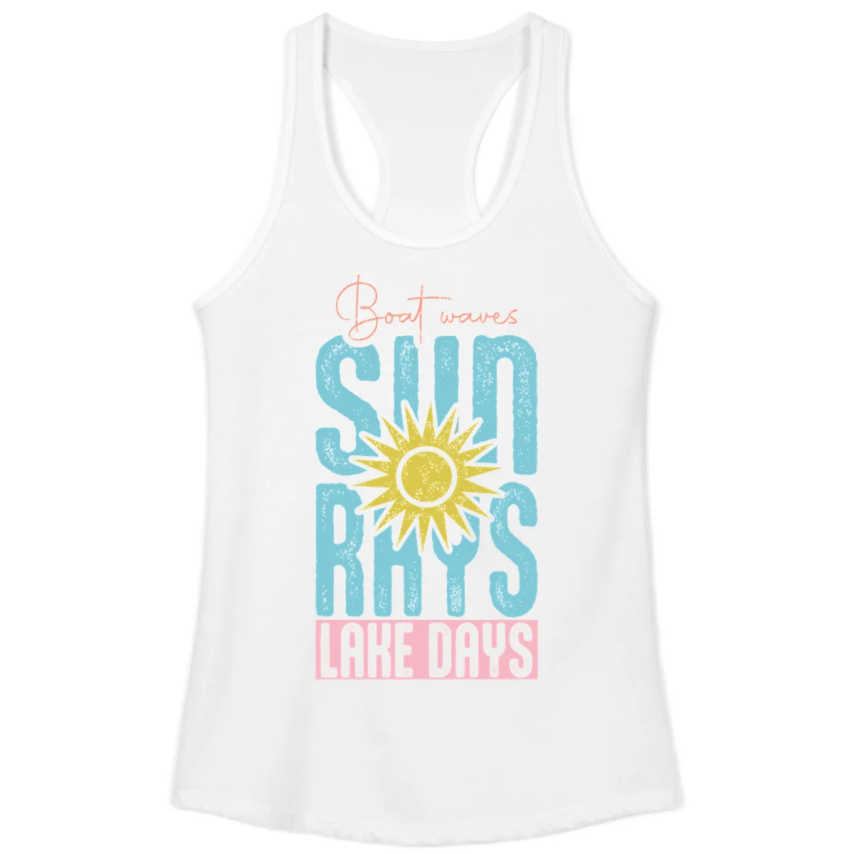 Boat Waves Sun Rays Lake Days Ladies Tank in White
