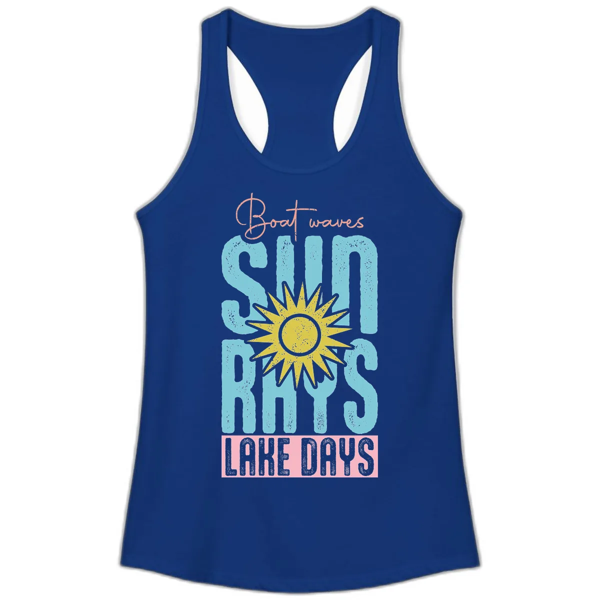 Boat Waves Sun Rays Lake Days Ladies Tank in Solid Royal