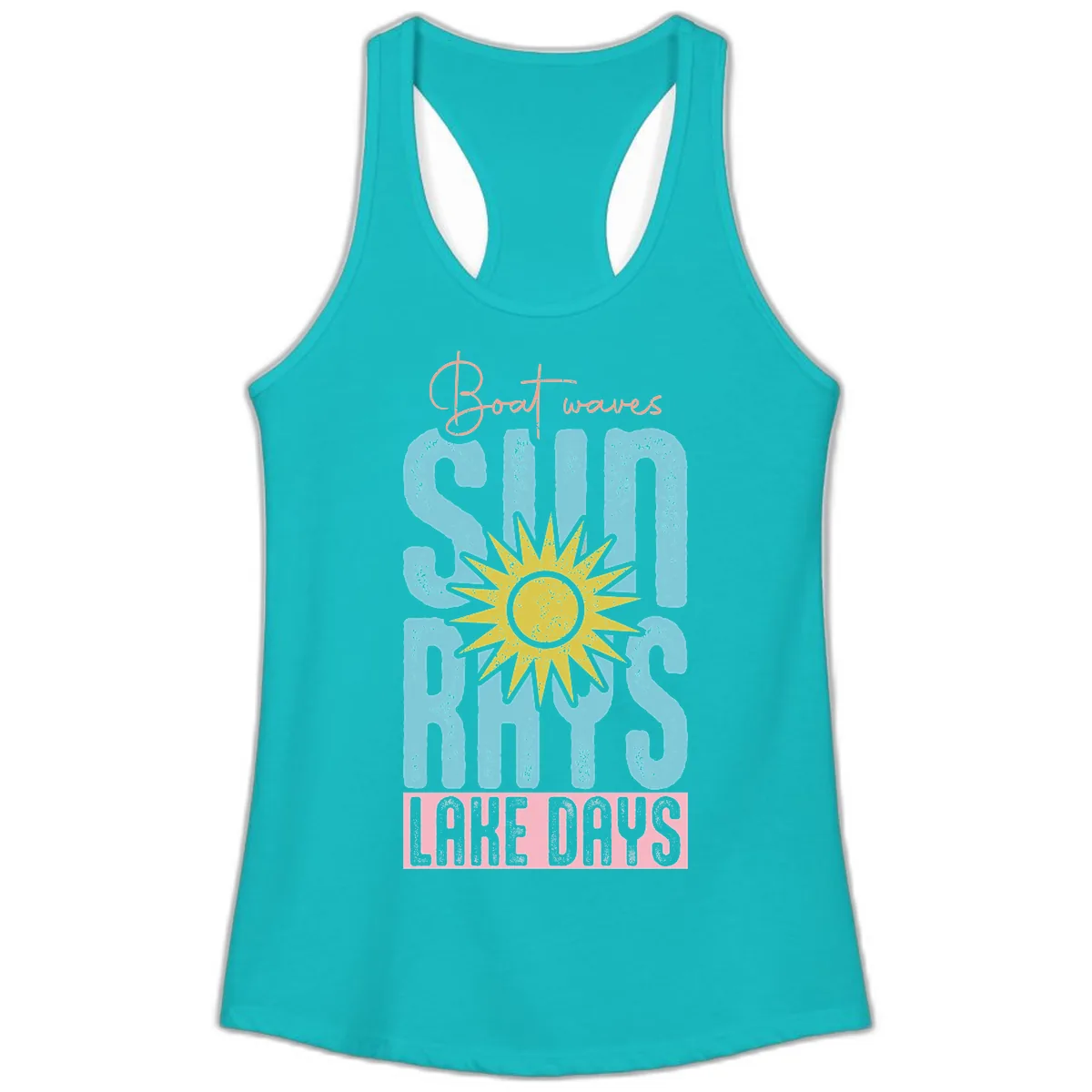 Boat Waves Sun Rays Lake Days Ladies Tank in Tahiti Blue