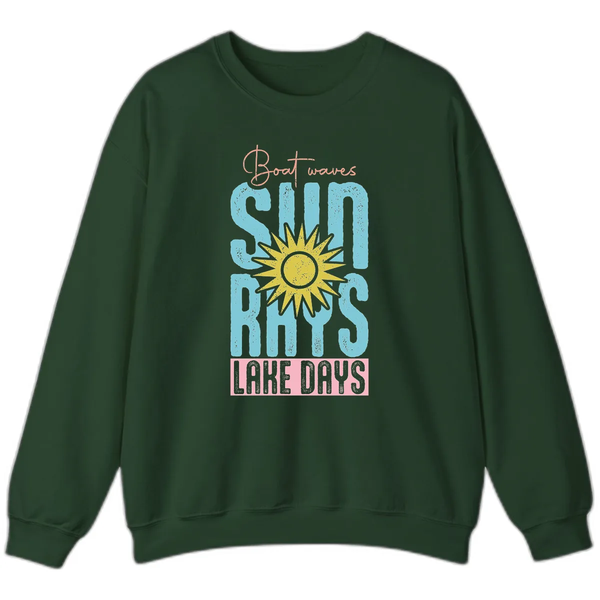 Boat Waves Sun Rays Lake Days Sweatshirt in Forest Green