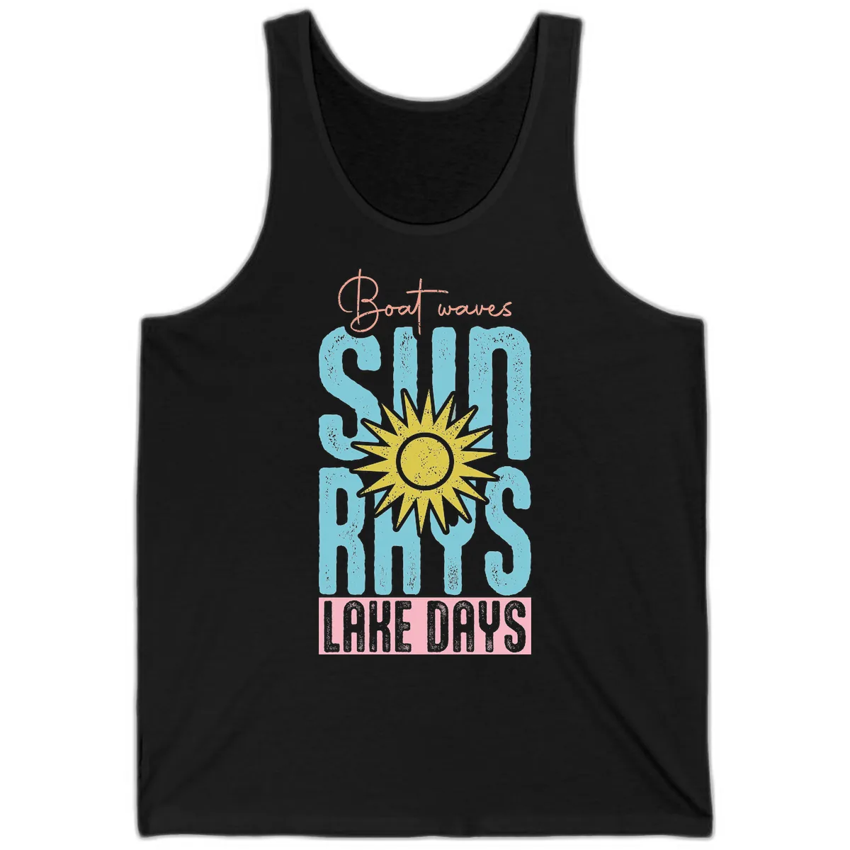 Boat Waves Sun Rays Lake Days Tank in Black