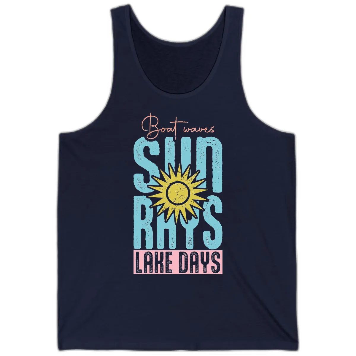 Boat Waves Sun Rays Lake Days Tank in Navy